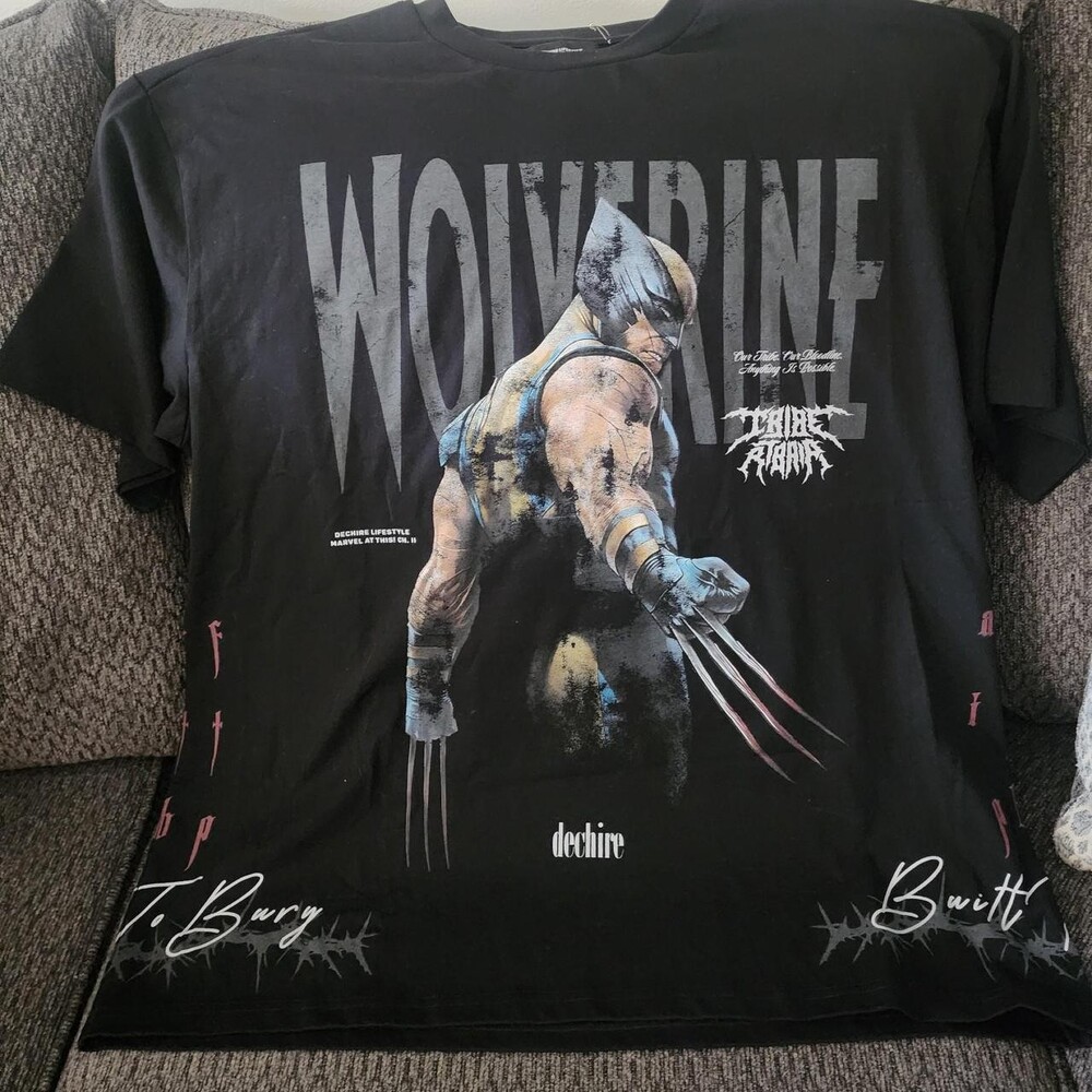Dechire Wolverine graphic tee with 'WOLVERINE' text and 'TRIBE RAPIDS' logo, siz